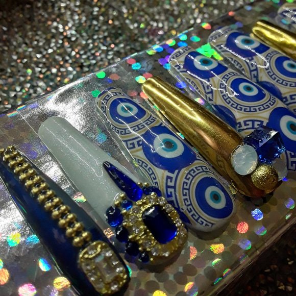 Handmade XXL Coffin Hard Gel "Evil Eye" Theme Greek symbol Press On Nails - Picture 3 of 9